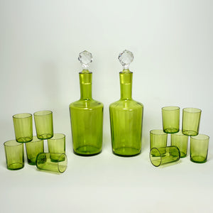 Antique French Baccarat Crystal Green Chartreuse Liquor Service Tantalus Whiskey Set, Bronze Caddy