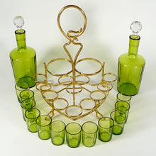 Load image into Gallery viewer, Antique French Baccarat Crystal Green Chartreuse Liquor Service Tantalus Whiskey Set, Bronze Caddy
