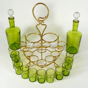 Antique French Baccarat Crystal Green Chartreuse Liquor Service Tantalus Whiskey Set, Bronze Caddy