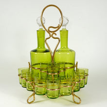 Load image into Gallery viewer, Antique French Baccarat Crystal Green Chartreuse Liquor Service Tantalus Whiskey Set, Bronze Caddy
