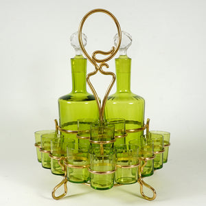 Antique French Baccarat Crystal Green Chartreuse Liquor Service Tantalus Whiskey Set, Bronze Caddy