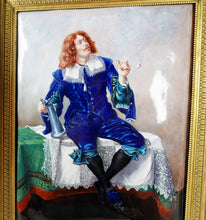 Load image into Gallery viewer, Antique French Limoges Enamel on Copper Plaque Smoking Cavalier Miniature Portrait Painting
