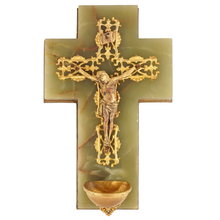 Load image into Gallery viewer, Antique French Bronze &amp; Green Onyx Crucifix Holy Water Font
