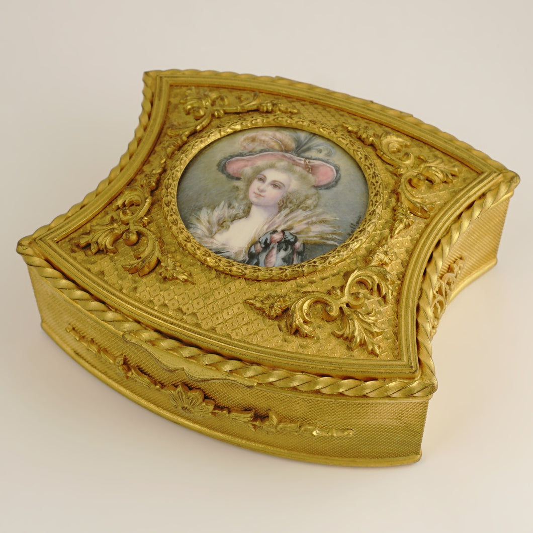 Antique French Miniature Portrait Gilt Bronze Jewelry Box