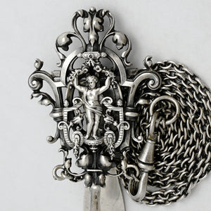 Antique French Silver Chatelaine Belt Clip, Fob Chain, Ornate Putti Figure