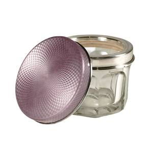 Art Deco French Sterling Silver Guilloche Enamel Glass Powder Jar, Dresser Box
