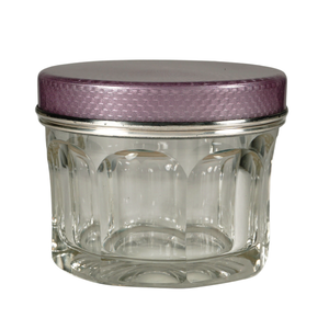 Art Deco French Sterling Silver Guilloche Enamel Glass Powder Jar, Dresser Box