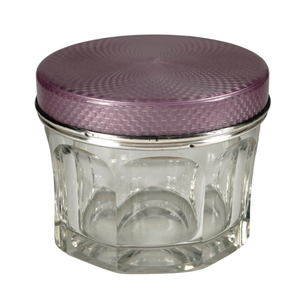 Art Deco French Sterling Silver Guilloche Enamel Glass Powder Jar, Dresser Box