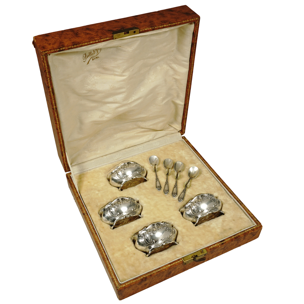 French Sterling Silver Salt Cellars Set, Art Nouveau Clematis Flowers, Ravinet & Denfert