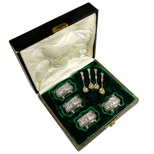 Antique French .800 Silver Open Salt Cellars & Spoons Set of 4, Boxed