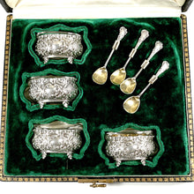 Load image into Gallery viewer, Antique French .800 Silver Open Salt Cellars &amp; Spoons Set of 4, Boxed
