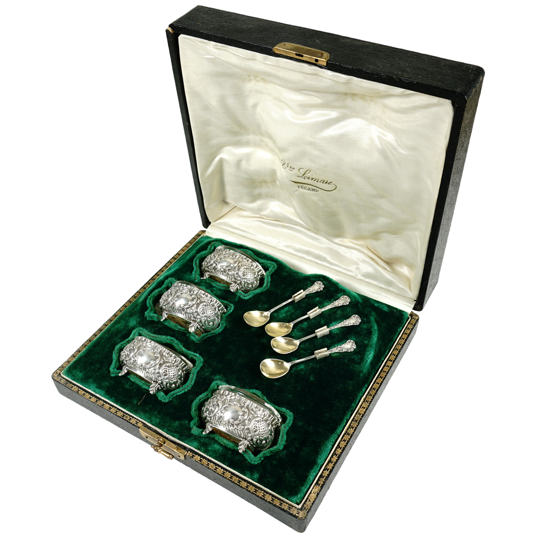Antique French .800 Silver Open Salt Cellars & Spoons Set of 4, Boxed