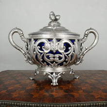 Load image into Gallery viewer, Antique French Sterling Silver Sugar Bowl, Cobalt Blue Glass, Ornate Reticulated
