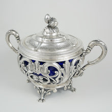 Load image into Gallery viewer, Antique French Sterling Silver Sugar Bowl, Cobalt Blue Glass, Ornate Reticulated
