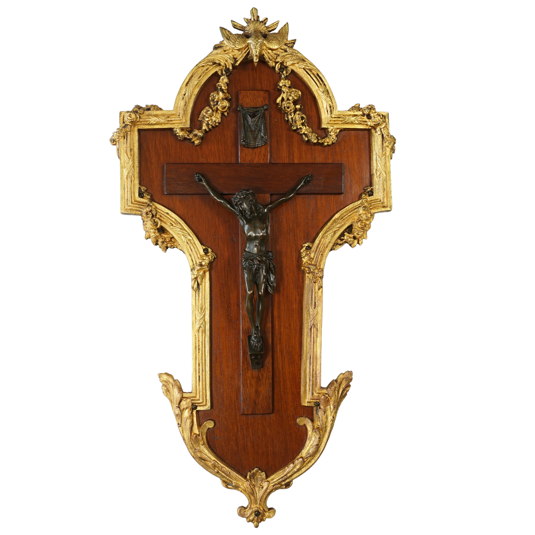 Antique French Gilt Bronze Jesus Christ Sculpture Corpus Wood Crucifix Wall Mount