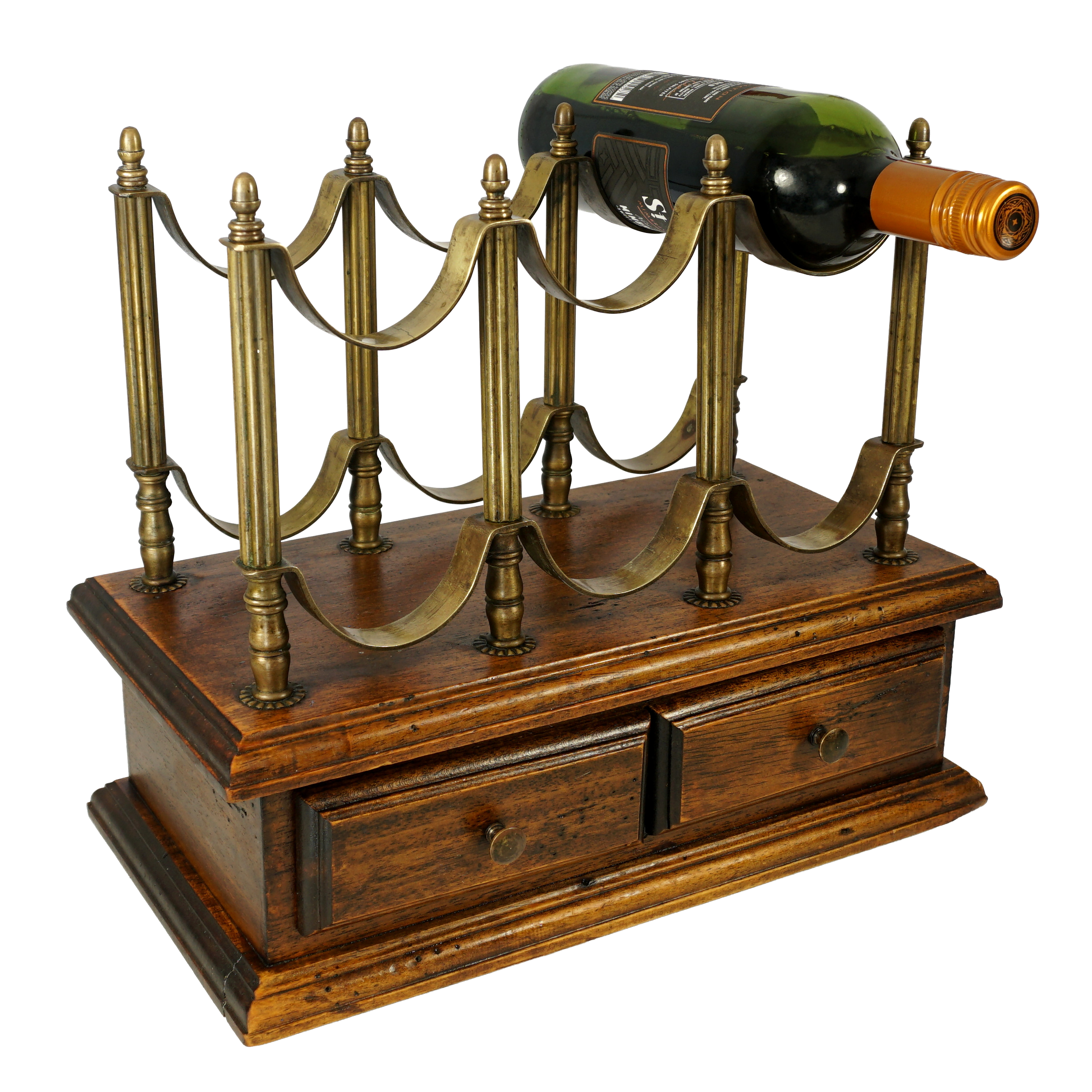 Antique French Brass and Wood Table Top Wine Rack Display Holder