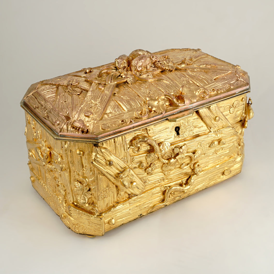 Antique French Gilt Bronze Box, Casket, Naturalist Animalier Study Lizards & Mice, Signed Marquise de Sévigné
