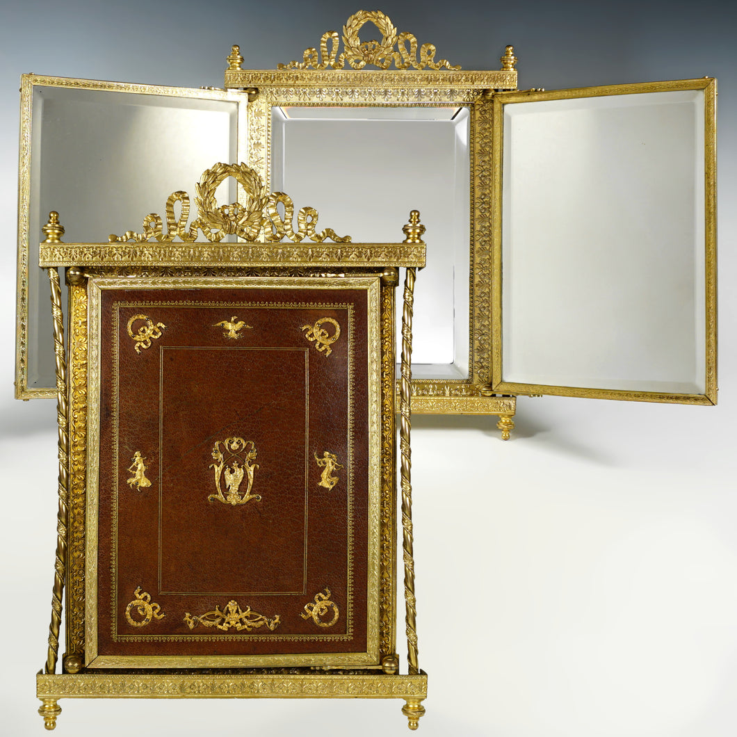 Antique French Napoleon III Empire Style Gilt Bronze Ormolu Folding Triptych Dressing Table Vanity Mirror