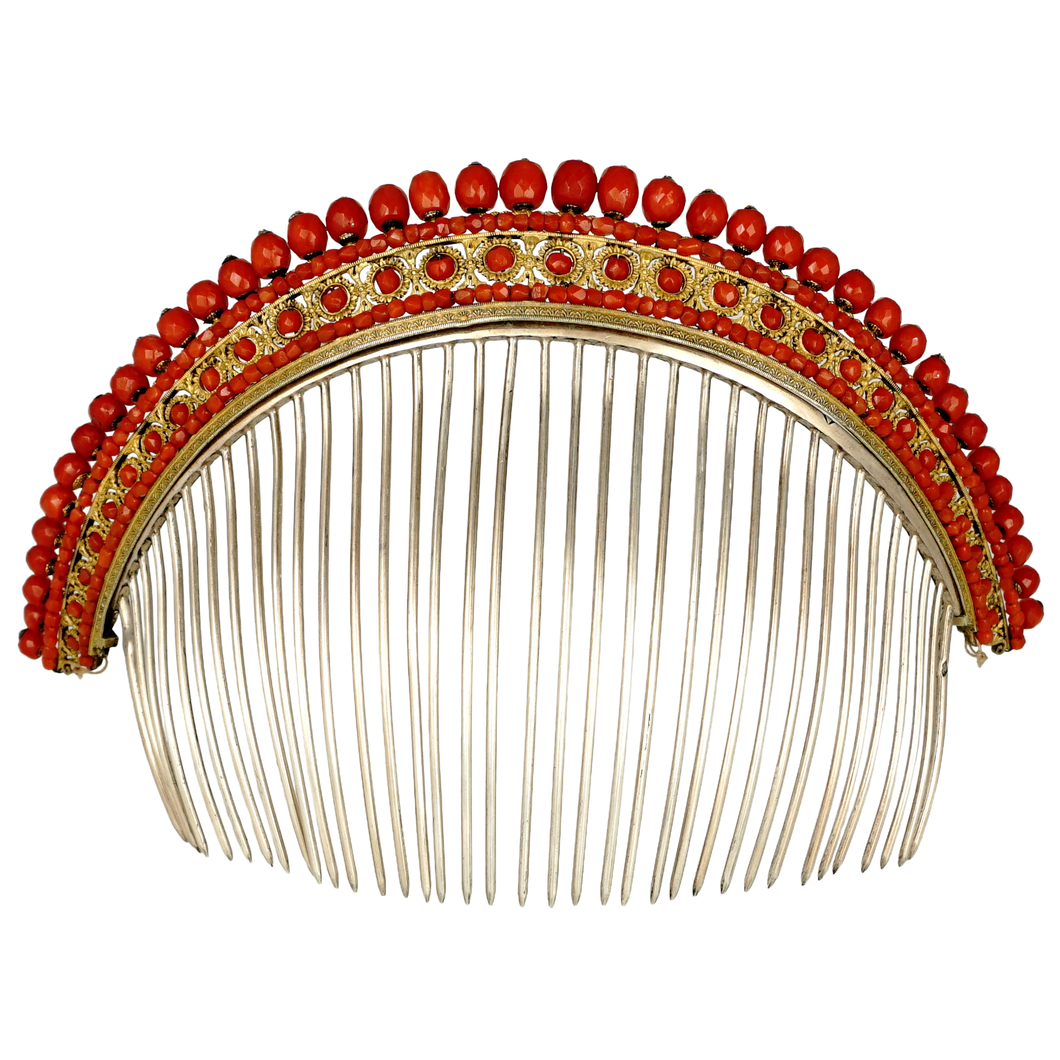 Antique French Empire Coral Hair Comb Diadem Tiara Gold Vermeil Silver