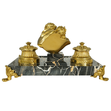 Load image into Gallery viewer, French Gilt Bronze Nero Portoro Marble Inkwell, Lovers Sculpture, Desk Ink Stand
