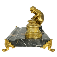 Load image into Gallery viewer, French Gilt Bronze Nero Portoro Marble Inkwell, Lovers Sculpture, Desk Ink Stand
