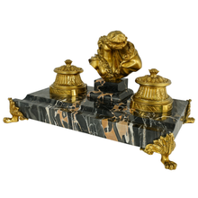 Load image into Gallery viewer, French Gilt Bronze Nero Portoro Marble Inkwell, Lovers Sculpture, Desk Ink Stand
