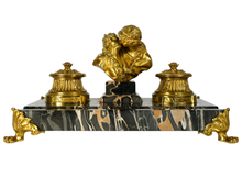 Load image into Gallery viewer, French Gilt Bronze Nero Portoro Marble Inkwell, Lovers Sculpture, Desk Ink Stand
