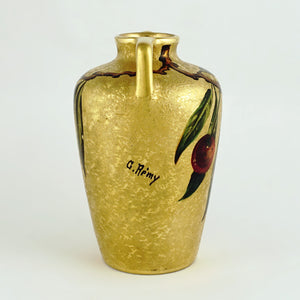 French Limoges Porcelain Vase Gold Gilded Hand Painted Cherries