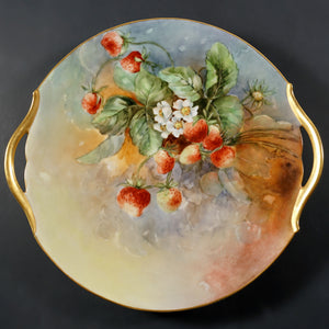 Antique French Limoges Porcelain Plate Charger, Hand Painted Strawberries, Dessert or Cake
