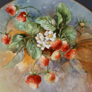 Antique French Limoges Porcelain Plate Charger, Hand Painted Strawberries, Dessert or Cake
