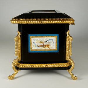 Napoleon III French Wood Jewelry Box Hand Painted Porcelain Plaques Gilt Bronze Mounts