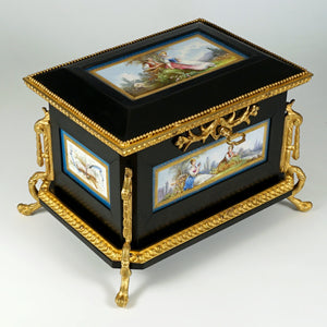Napoleon III French Wood Jewelry Box Hand Painted Porcelain Plaques Gilt Bronze Mounts