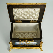 Load image into Gallery viewer, Napoleon III French Wood Jewelry Box Hand Painted Porcelain Plaques Gilt Bronze Mounts
