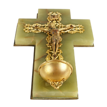 Load image into Gallery viewer, Antique French Bronze &amp; Green Onyx Crucifix Holy Water Font
