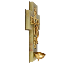 Load image into Gallery viewer, Antique French Bronze &amp; Green Onyx Crucifix Holy Water Font

