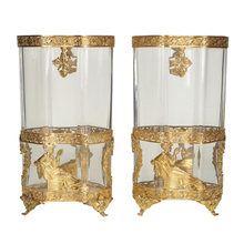Load image into Gallery viewer, Pair Antique French Glass &amp; Gilt Ormolu Vases Empire Neoclassical Style
