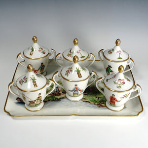 Antique French Paris Porcelain Hand Painted Pots de Creme and Tray Set