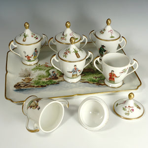 Antique French Paris Porcelain Hand Painted Pots de Creme and Tray Set