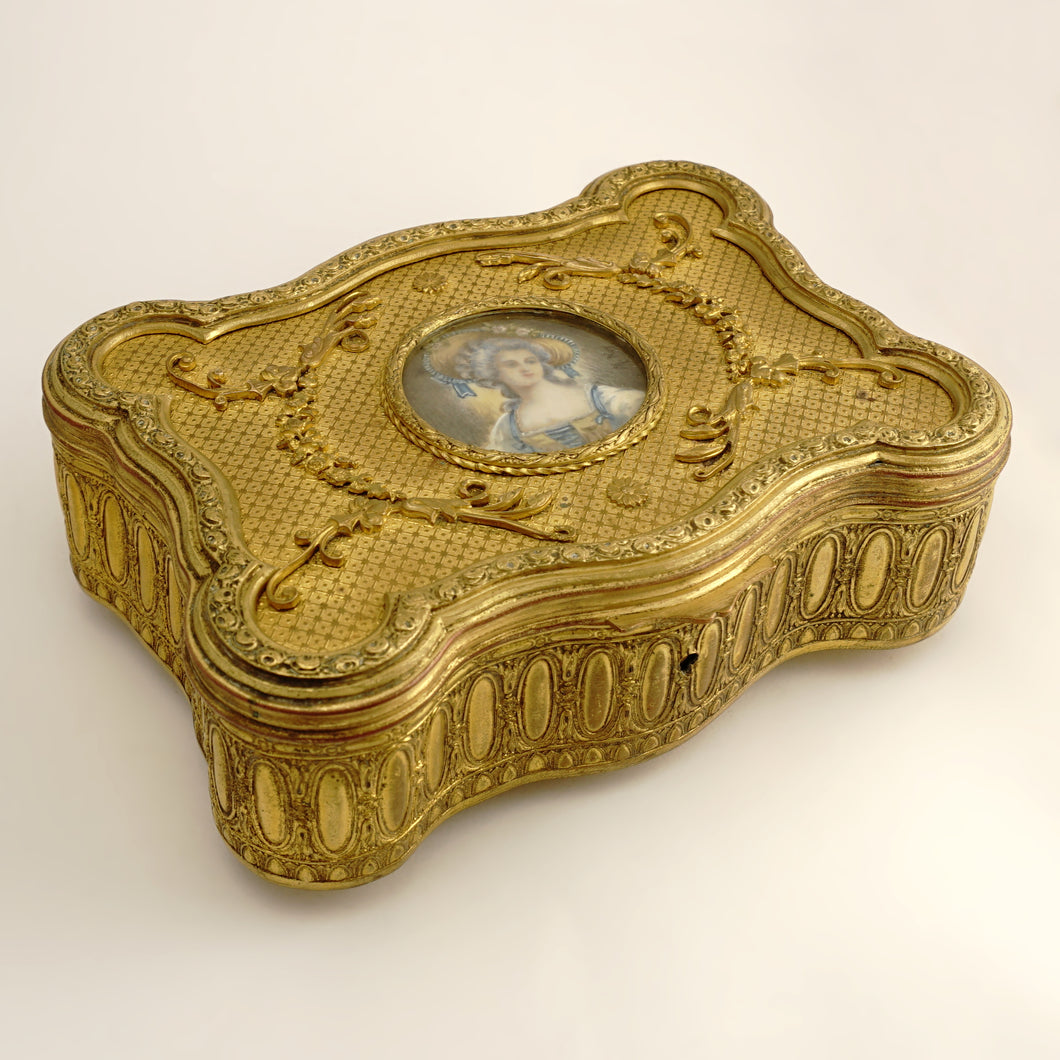 Antique French Miniature Portrait Gilt Bronze Jewelry Box, Princesse Lamballe