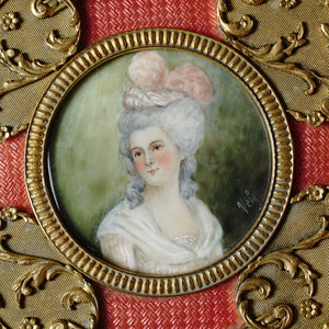 Antique French Miniature Portrait Box Pink Enamel Gilt Bronze Ormolu Glass Powder Jar