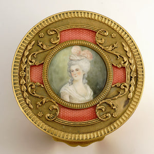 Antique French Miniature Portrait Box Pink Enamel Gilt Bronze Ormolu Glass Powder Jar