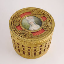Load image into Gallery viewer, Antique French Miniature Portrait Box Pink Enamel Gilt Bronze Ormolu Glass Powder Jar
