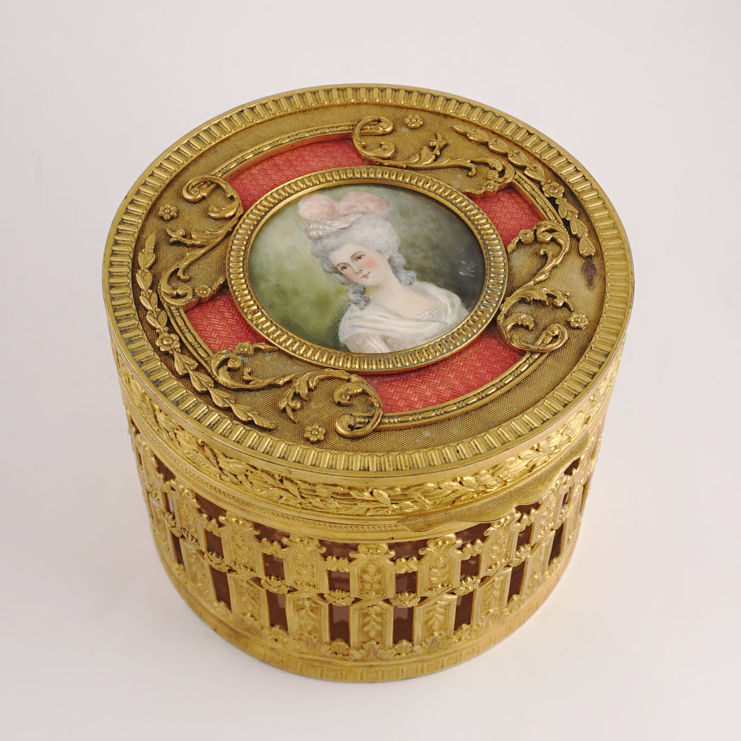 Antique French Miniature Portrait Box Pink Enamel Gilt Bronze Ormolu Glass Powder Jar