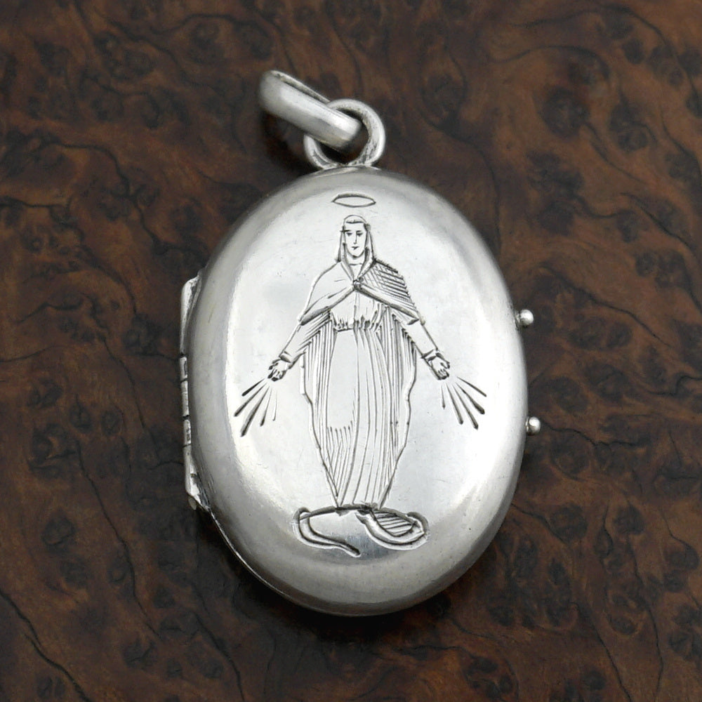 Antique French .800 Silver Photo Locket Pendant, Engraved Virgin Mary Miraculous Medal