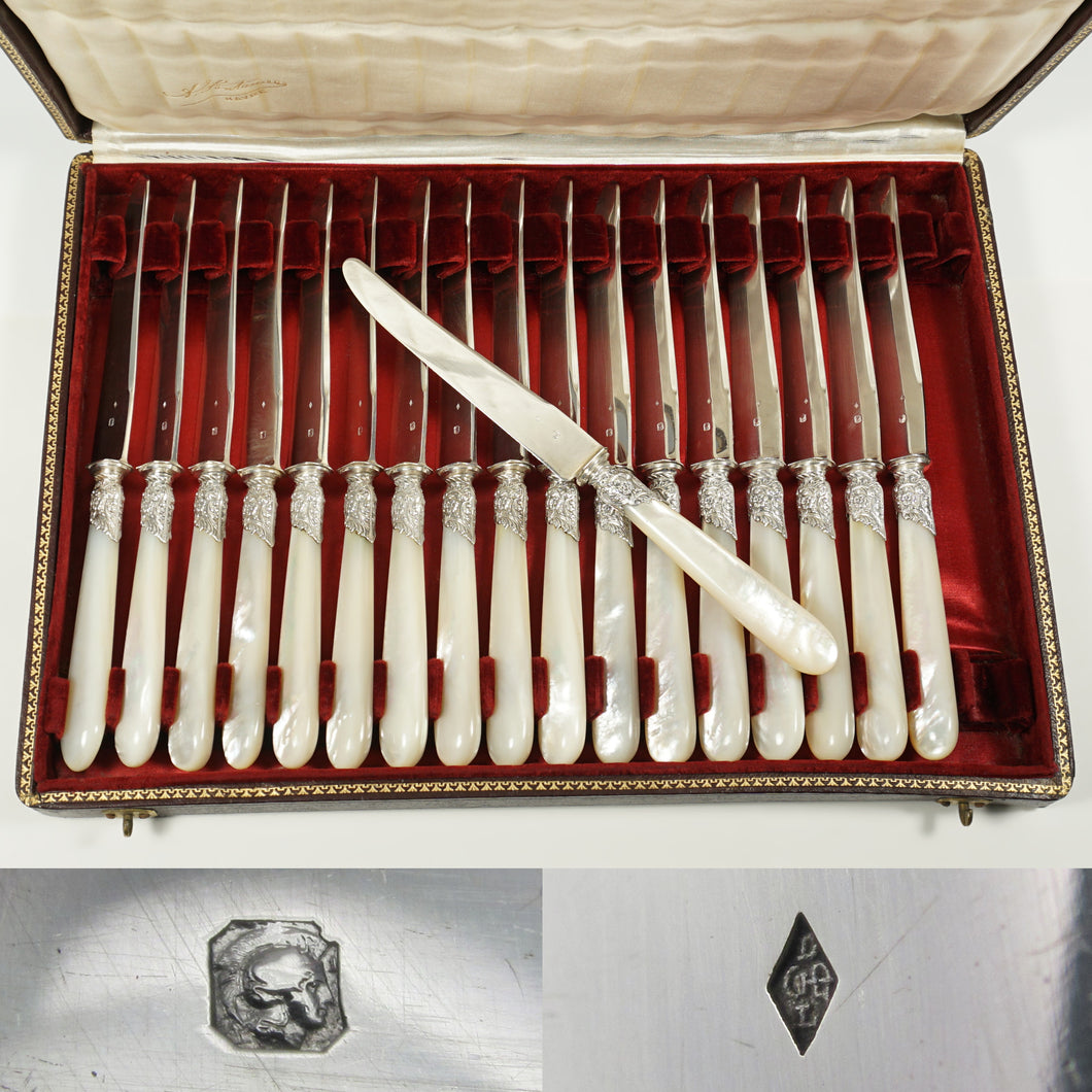 Antique French Sterling Silver Set of 18 Knives, Mother of Pearl Handles, Cutlery Knife Service