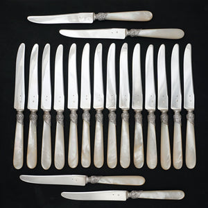 Antique French Sterling Silver Set of 18 Knives, Mother of Pearl Handles, Cutlery Knife Service
