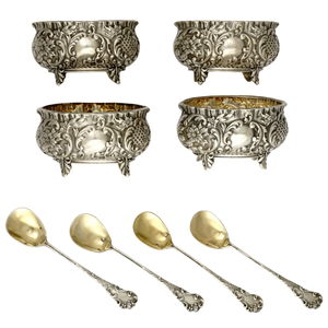 Antique French .800 Silver Open Salt Cellars & Spoons Set of 4, Boxed
