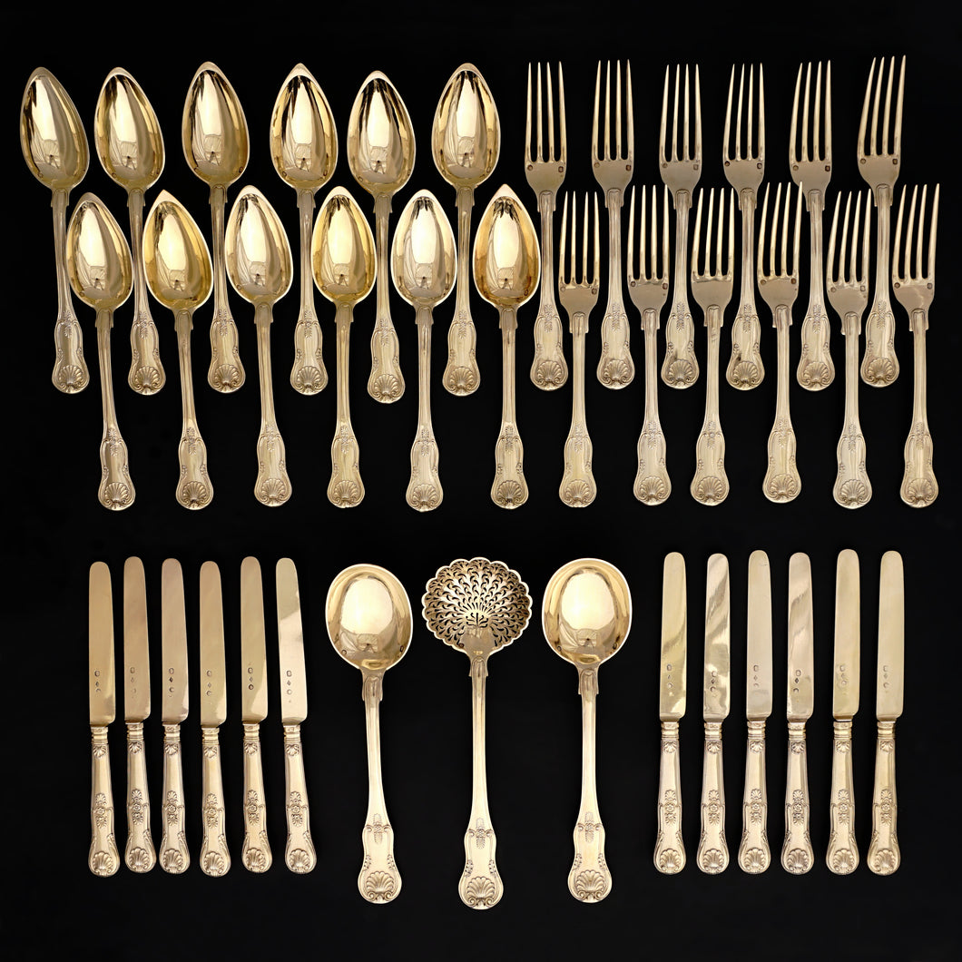 Antique French Sterling Silver 39pc Flatware Set, Knives, Gold Vermeil