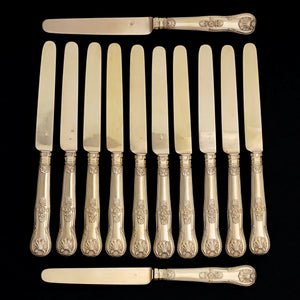 Antique French Sterling Silver 39pc Flatware Set, Knives, Gold Vermeil