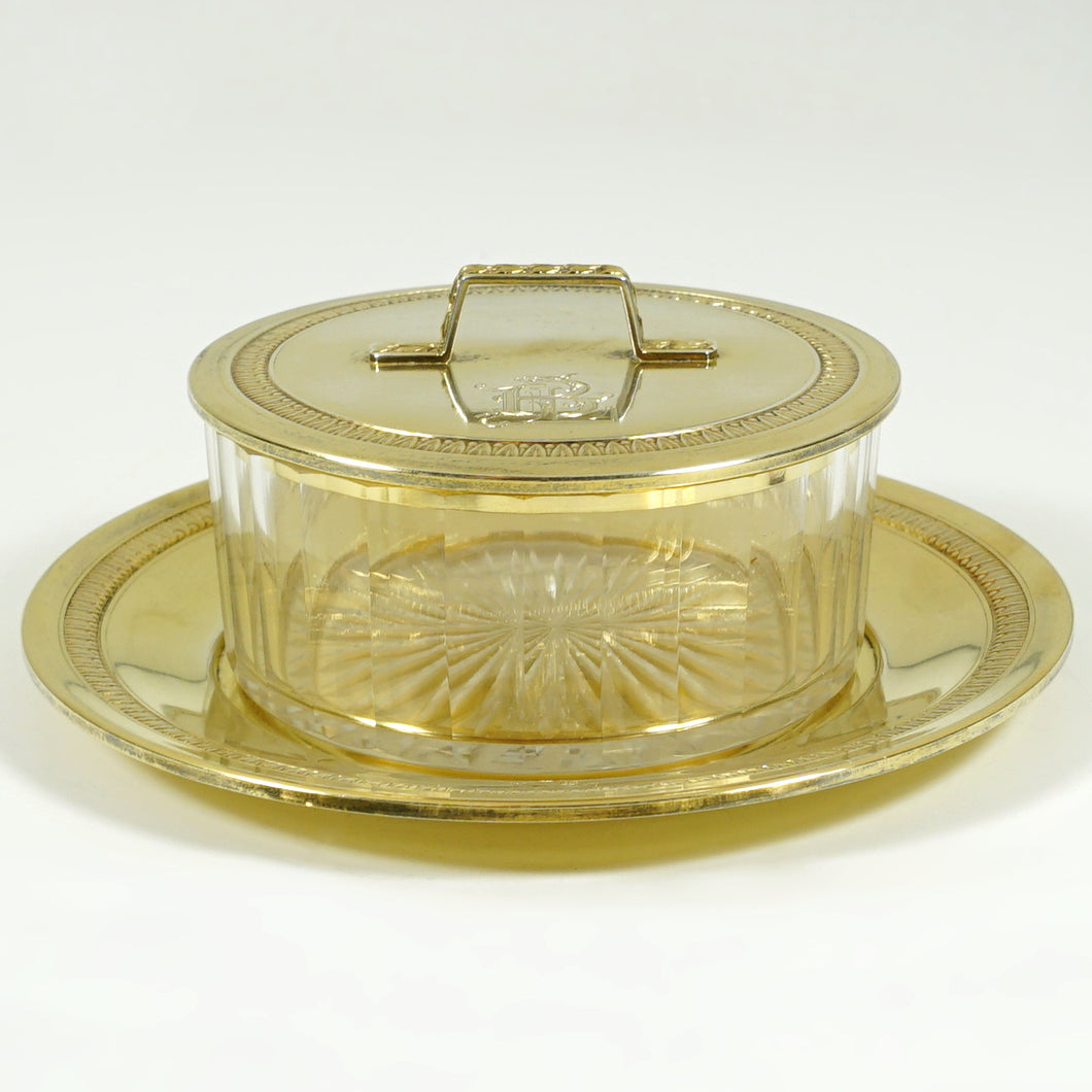 Antique French Sterling Silver Vermeil Glass Cheese Butter Serving Dish, Beurrier